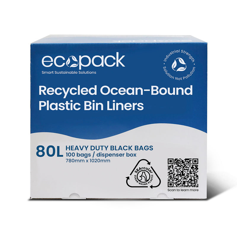 80L Ocean-Bound Recycled Plastic Bin Liners /Garbage Bags in Dispenser Box-100 Bags on Roll-Heavy Duty