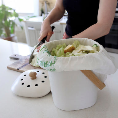 compostable caddy liners in kitchen