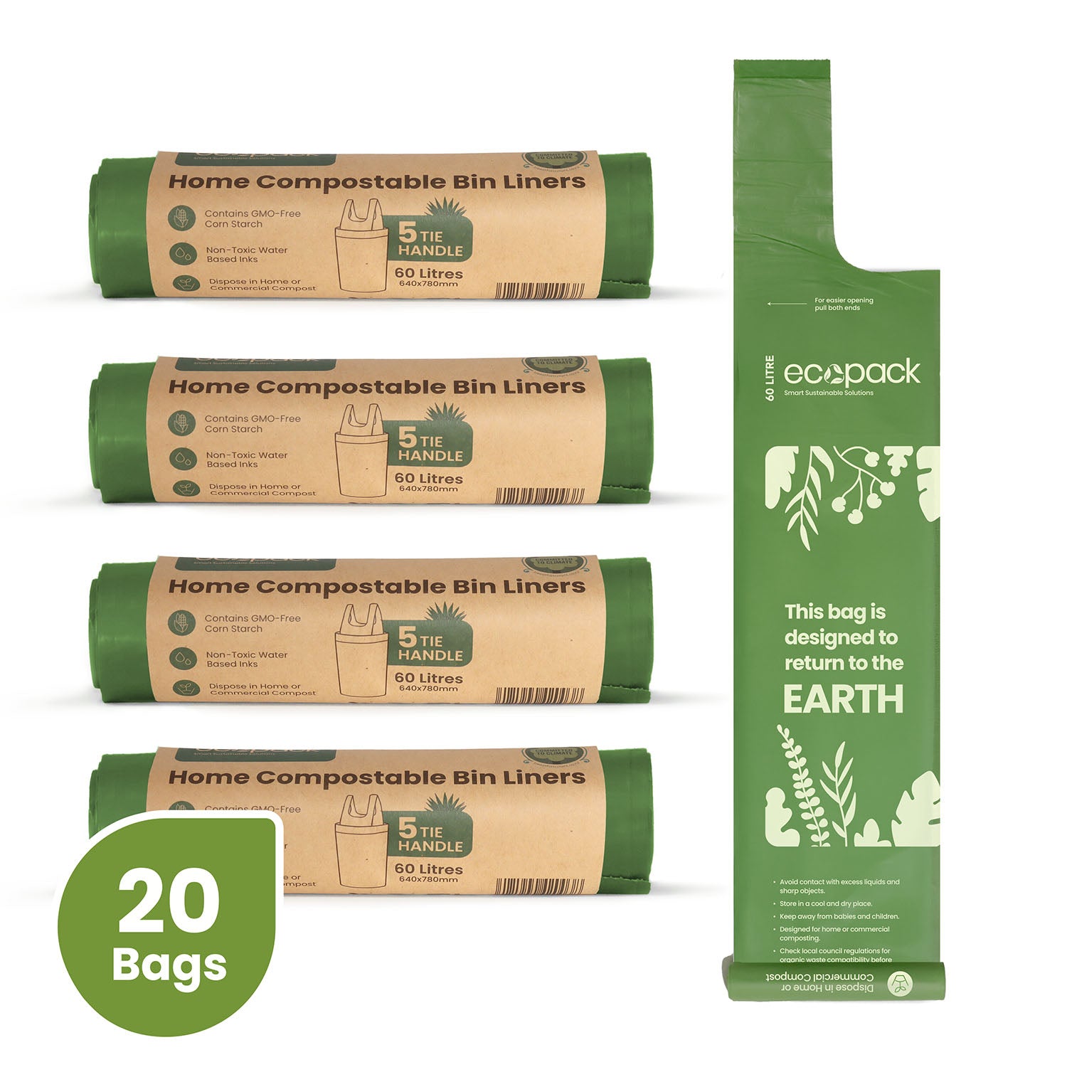 Ecopack 60L Compostable Bin Liners Bundle (4 Rolls/20 Bags)