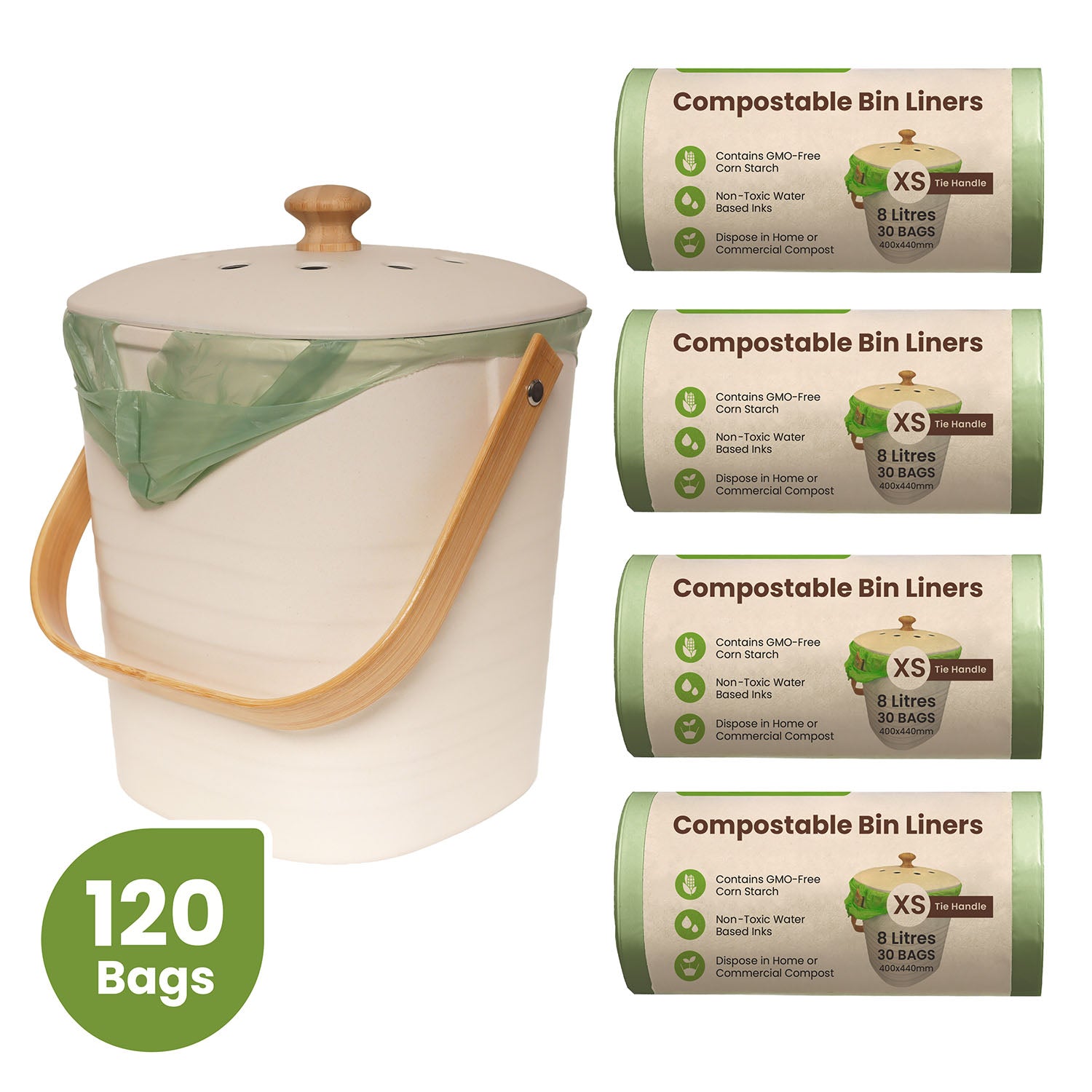 Ecopack Compost Bin Set: Kitchen Compost Bin + 8L Green Compostable Bin Liners (4 Rolls/120 Bags)