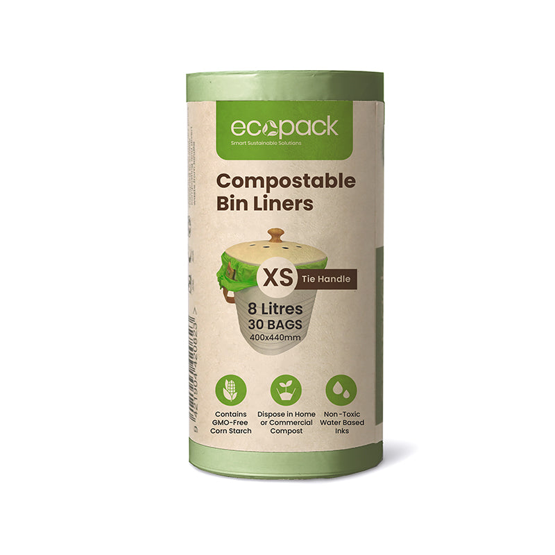 Ecopack 8L Green Compostable Bin Liners - Tie Handles (1 Roll/30 Bags)