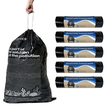 Ecopack 70L black drawstring recycled plastic garbage bag 5 rolls bundle