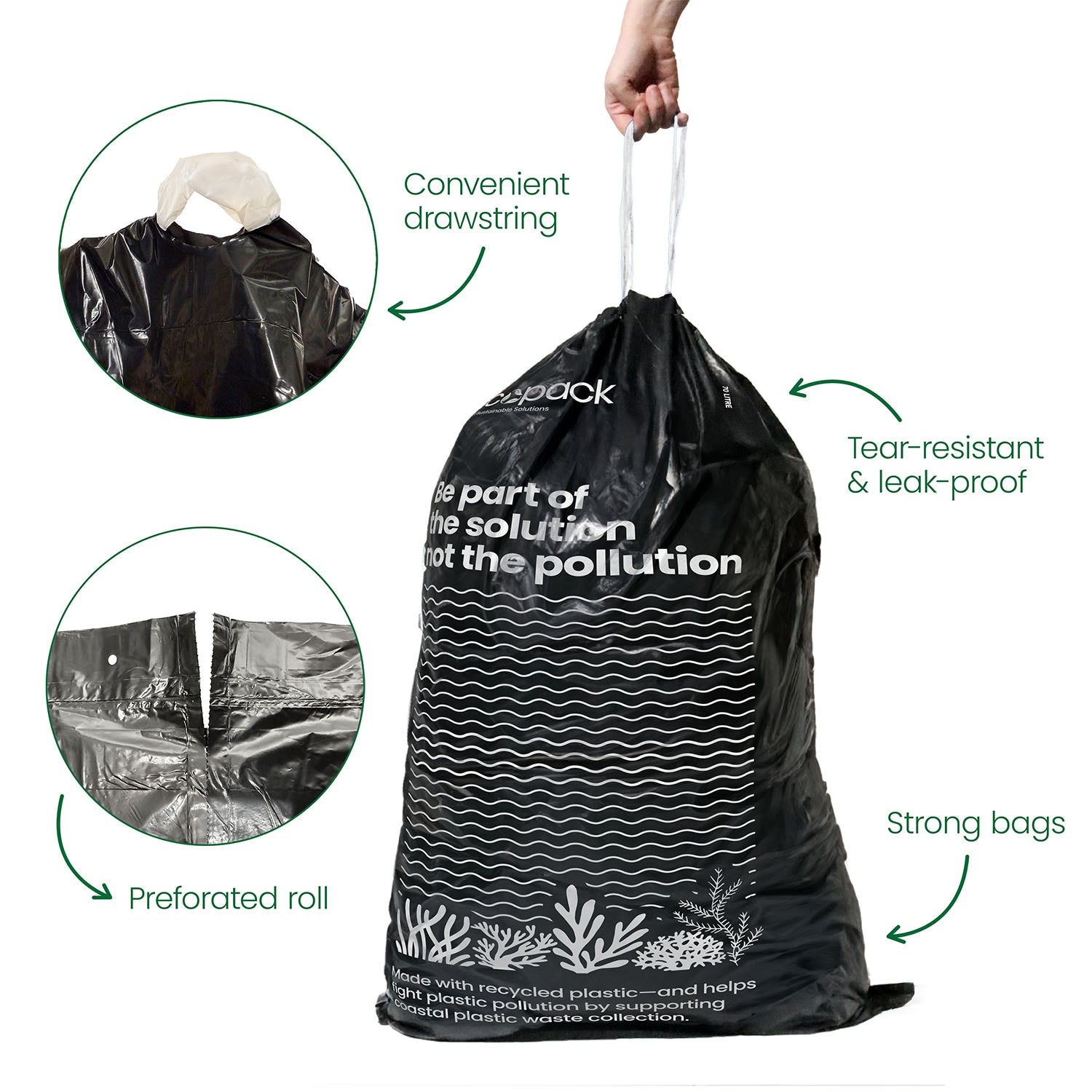 Ecopack 70L black drawstring recycled plastic garbage bag features