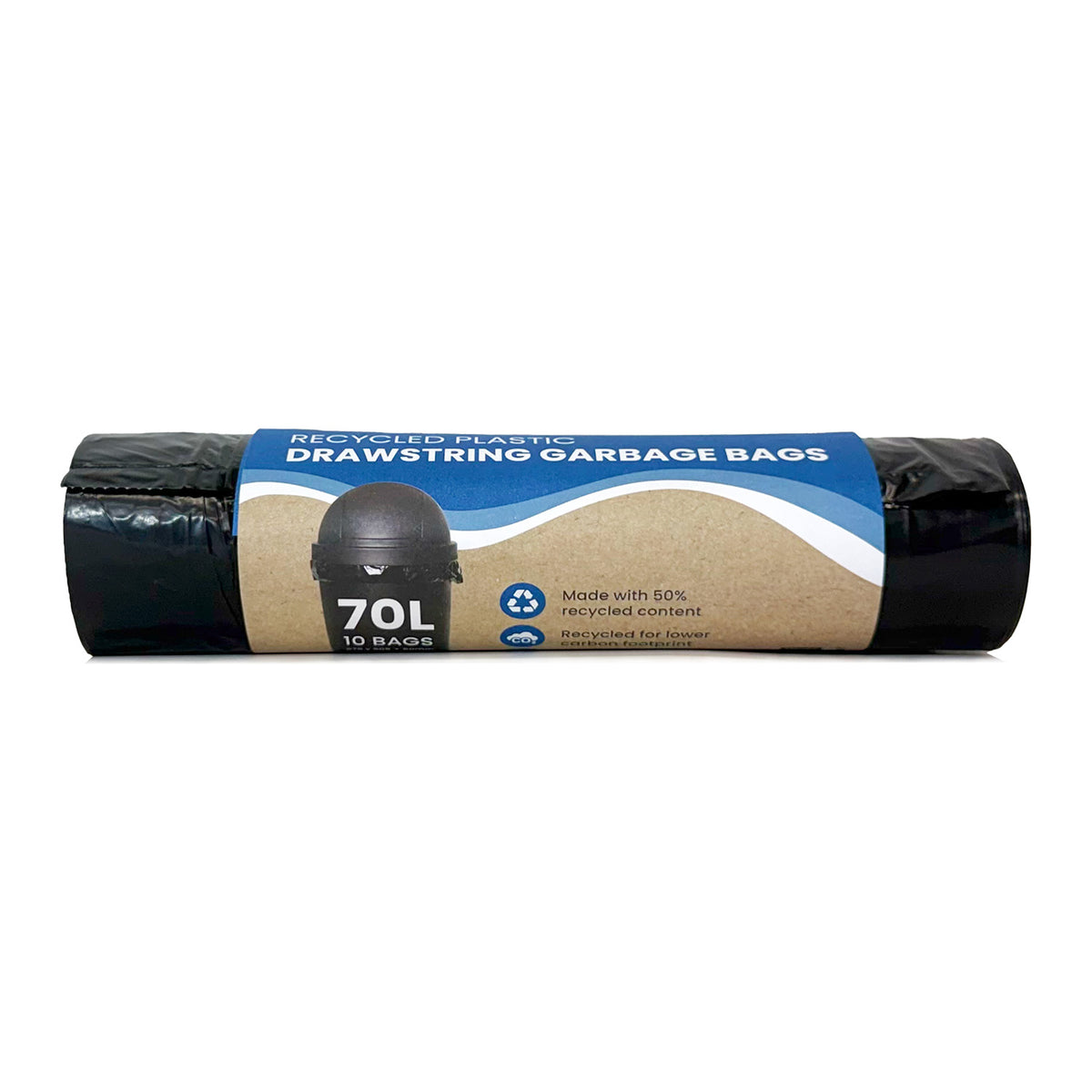 Ecopack 70L black drawstring recycled plastic garbage bags roll
