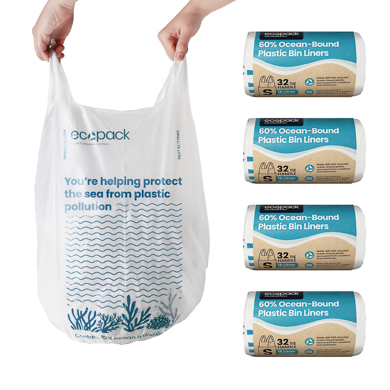 Ecopack 18L Recycled Plastic Bags - Ocean Bound - Tie Handles (1 Roll/32 Bags) Set of 4 rolls (128 bags)