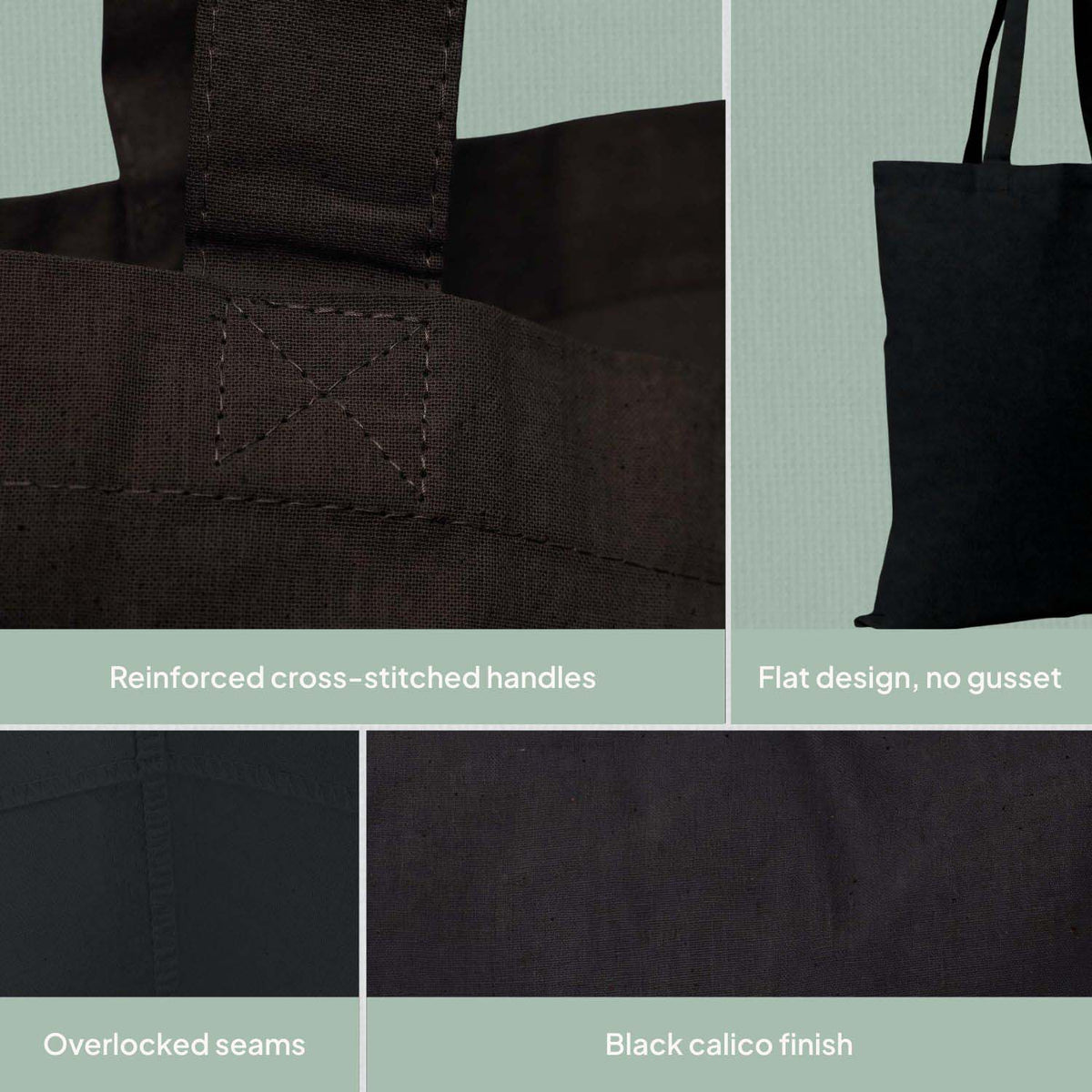Ecobags black calico promotional tote bag with long handles features