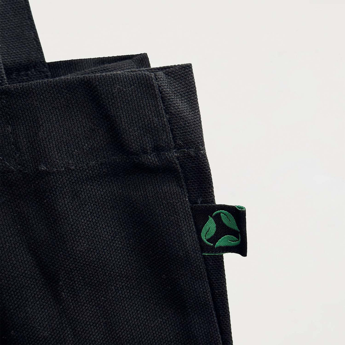 Ecobags Certified Organic Canvas Black Tote Bag with Gusset Side Tag Close Up