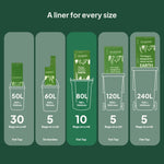 Ecopack bin liner size guide comparing 50L, 60L, 80L, 120L and 240L options, with bag counts and dimensions for each size.