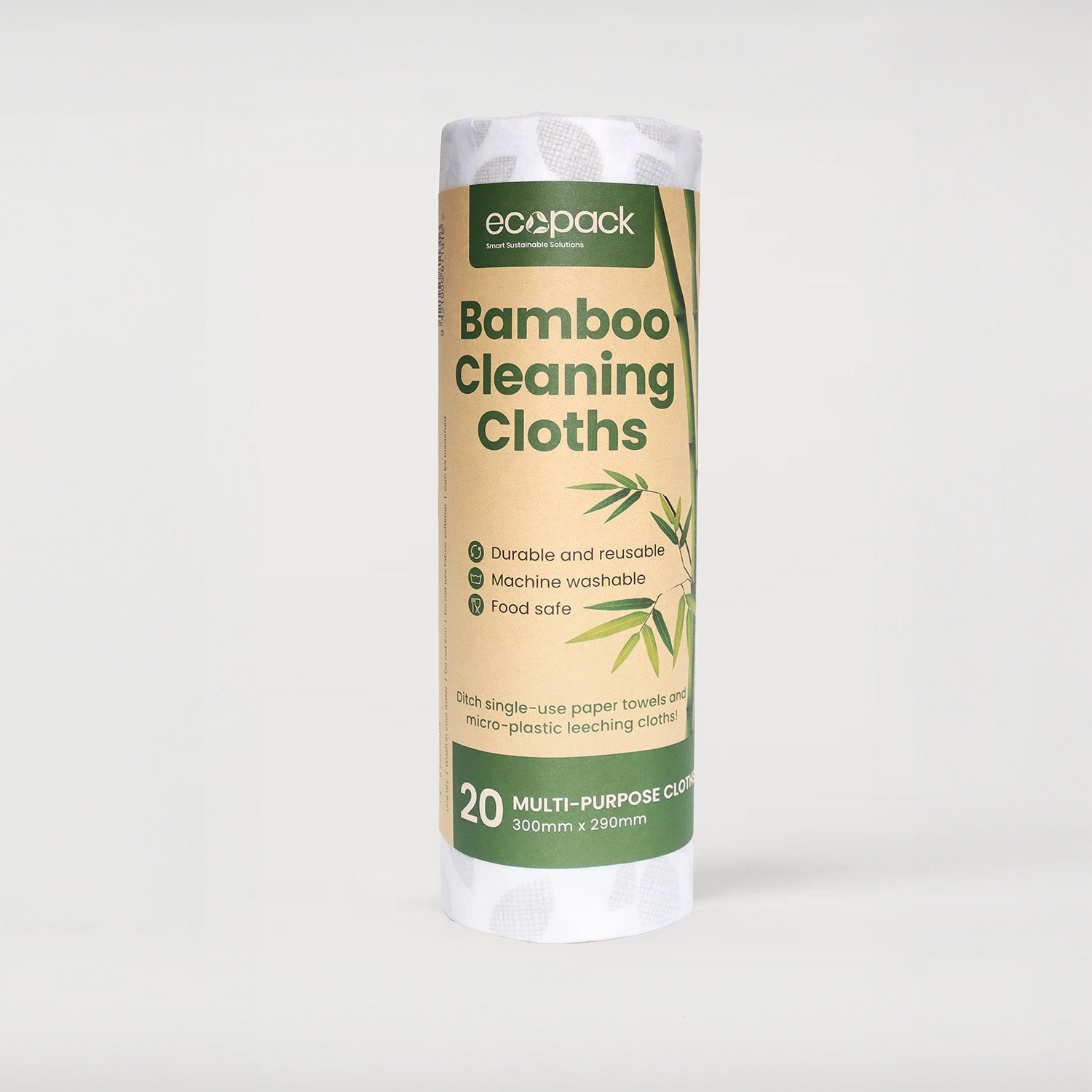 Ecopack multi-purpose bamboo cleaning cloths roll standing vertically on a clean background