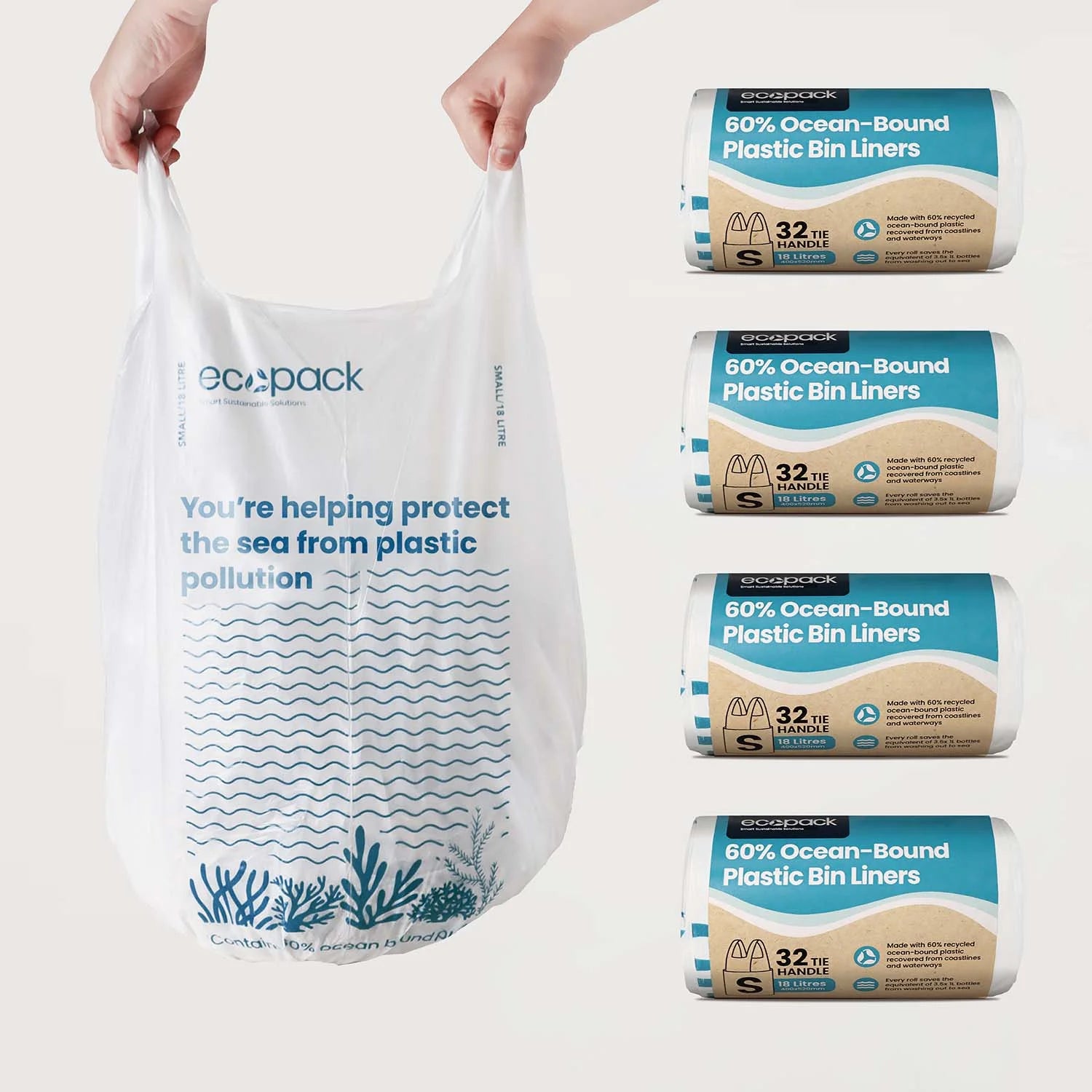 Ecopack 18L Recycled Plastic Bags - Ocean Bound - Tie Handles (1 Roll/32 Bags) Set of 4 rolls (128 bags)