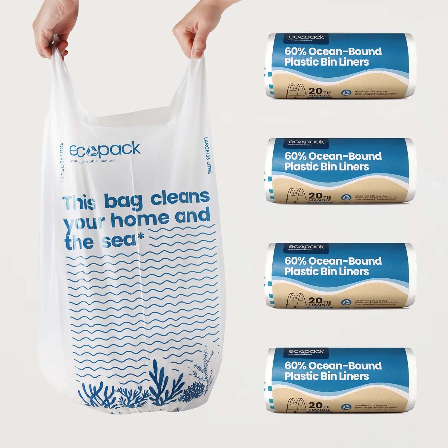 Ecopack 36L Recycled Plastic Bin Liners with Tie Handle